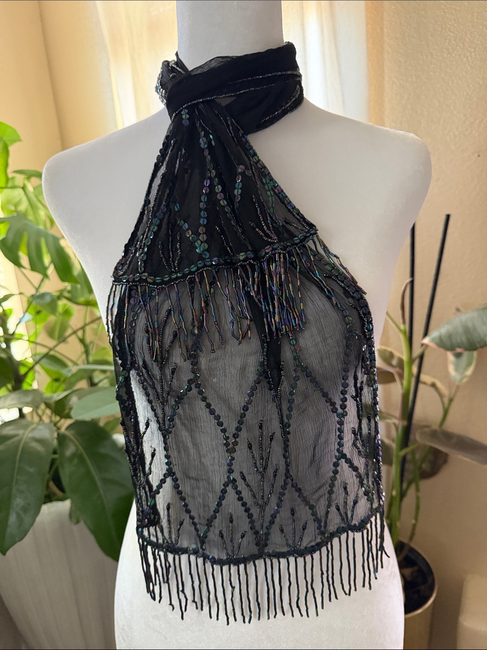 Black Beaded Fringe Evening Shawl